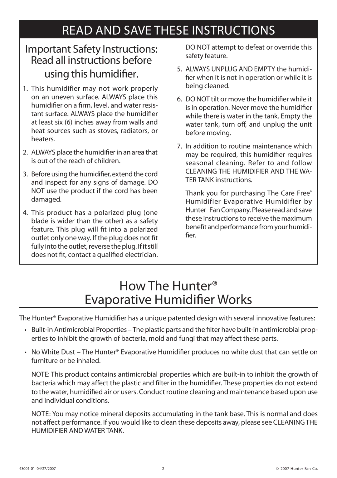 Hunter Fan 32200 manual How The Hunter Evaporative Humidifier Works, Read and Save These Instructions 