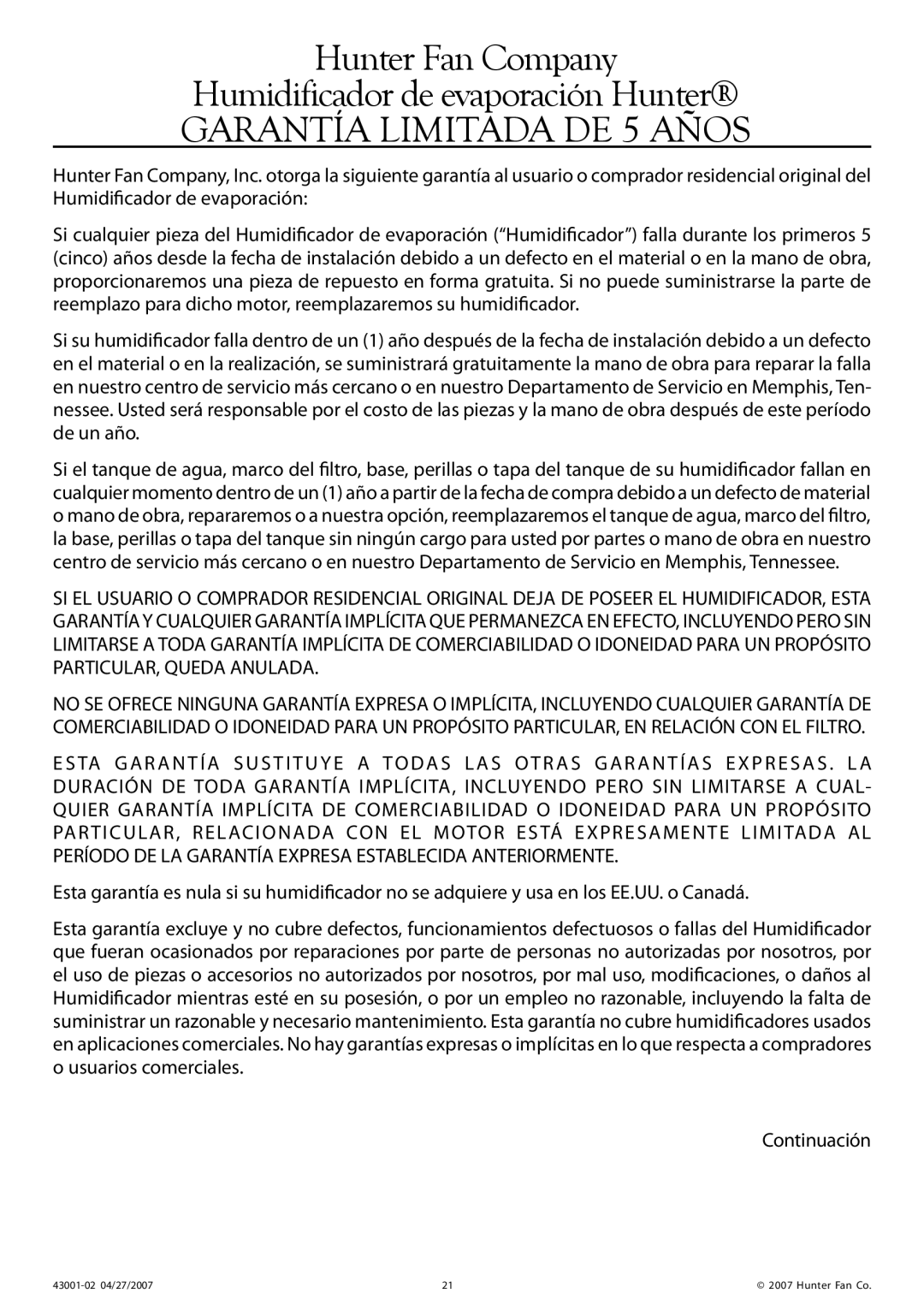 Hunter Fan 32200 manual Hunter Fan Company Humidificador de evaporación Hunter, Garantía Limitada DE 5 Años 