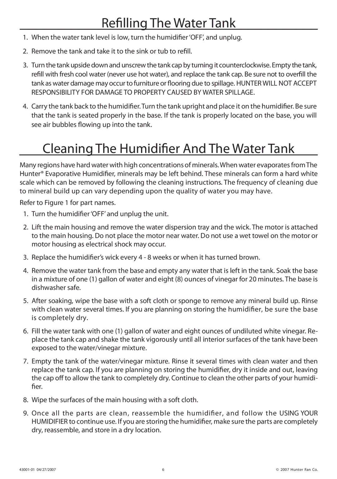 Hunter Fan 32200 manual Refilling The Water Tank, Cleaning The Humidifier And The Water Tank 