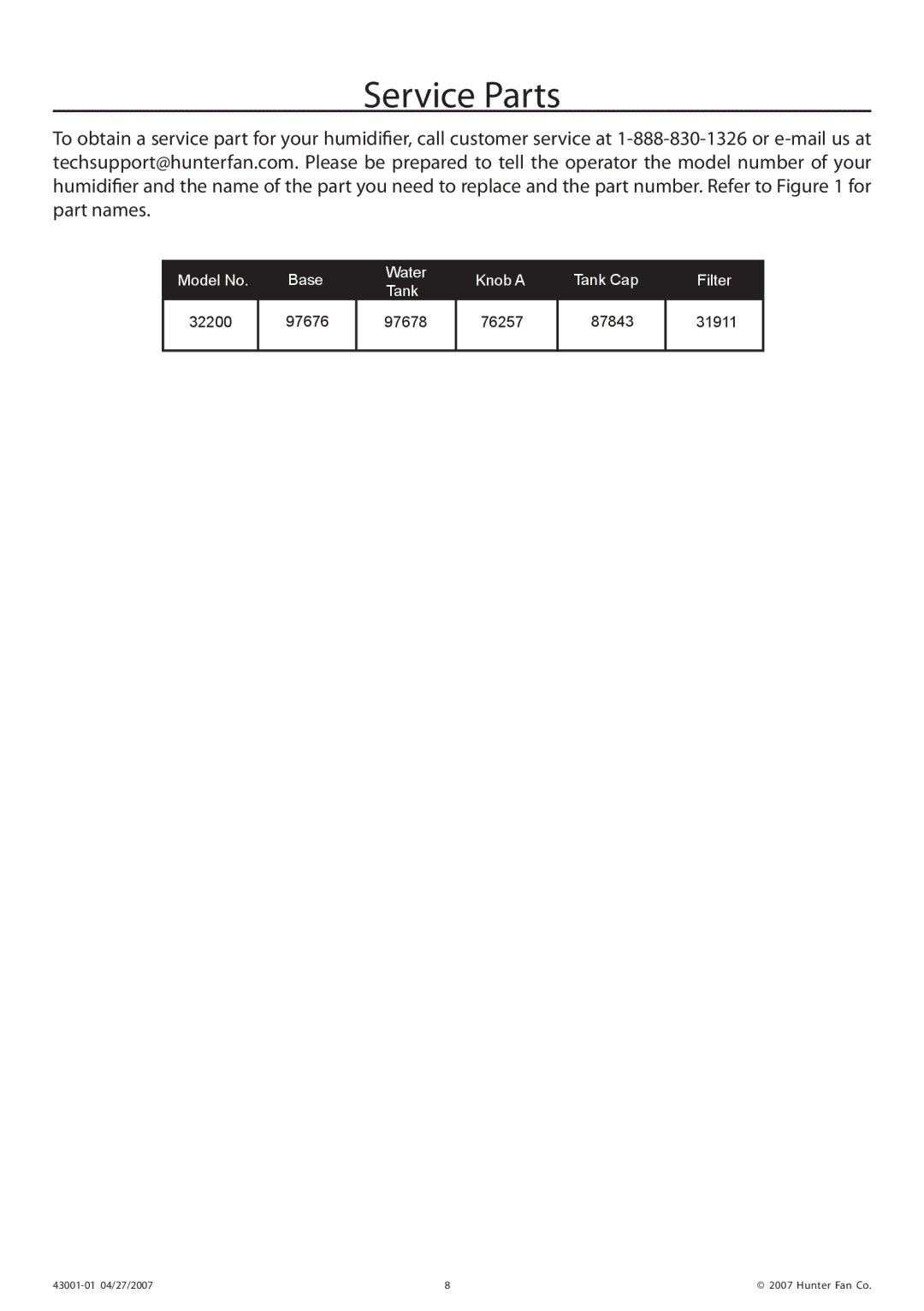 Hunter Fan 32200 manual Service Parts 