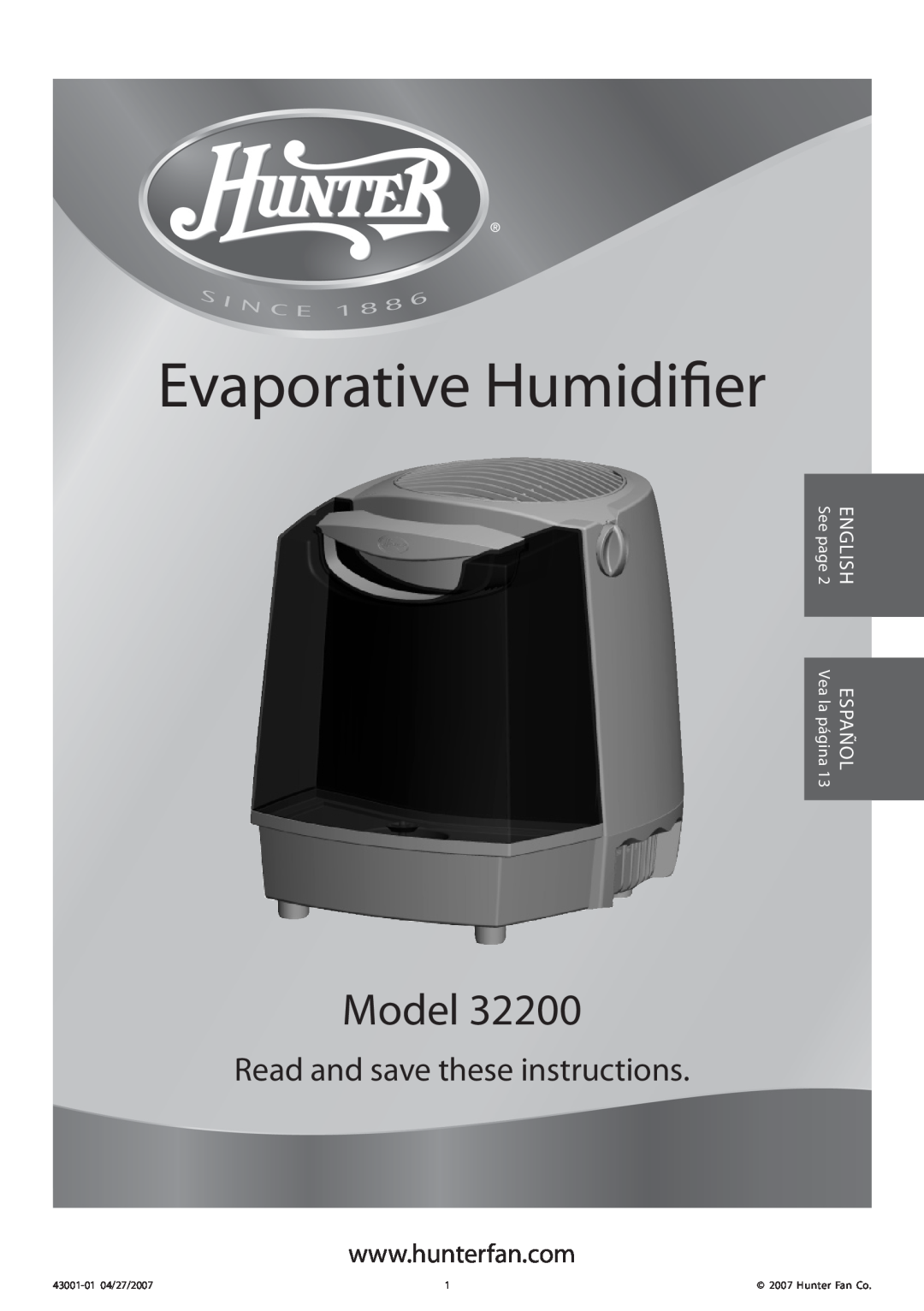 Hunter Fan 32200 manual Evaporative Humidifier, Model, Read and save these instructions, Español, English, Vea la página 