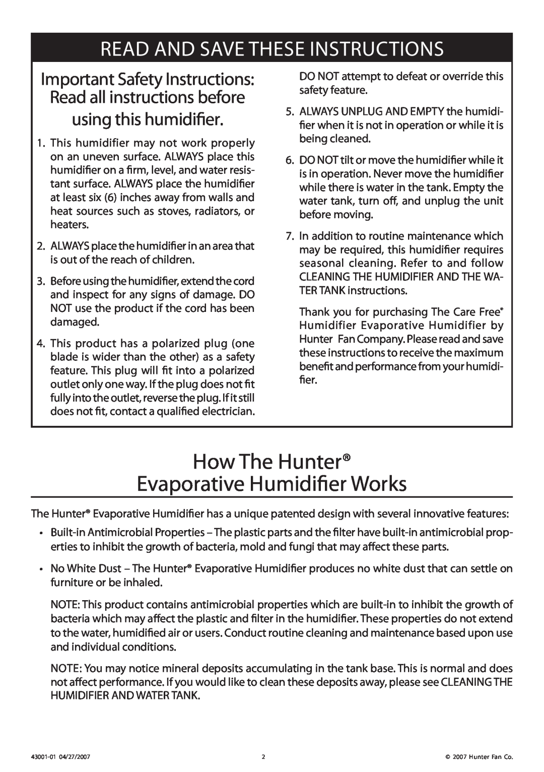 Hunter Fan 32200 How The Hunter Evaporative Humidifier Works, Read and Save These Instructions, using this humidifier 