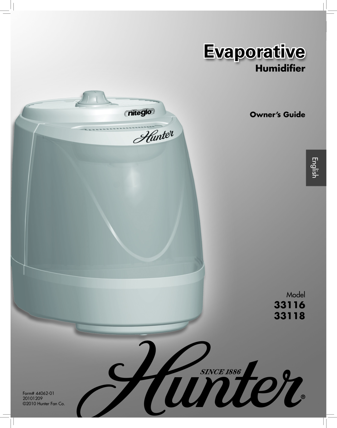 Hunter Fan 33118 manual Humidifier, 33116, Evaporative, Owner’s Guide, English, Model, Form# 2010 Hunter Fan Co 