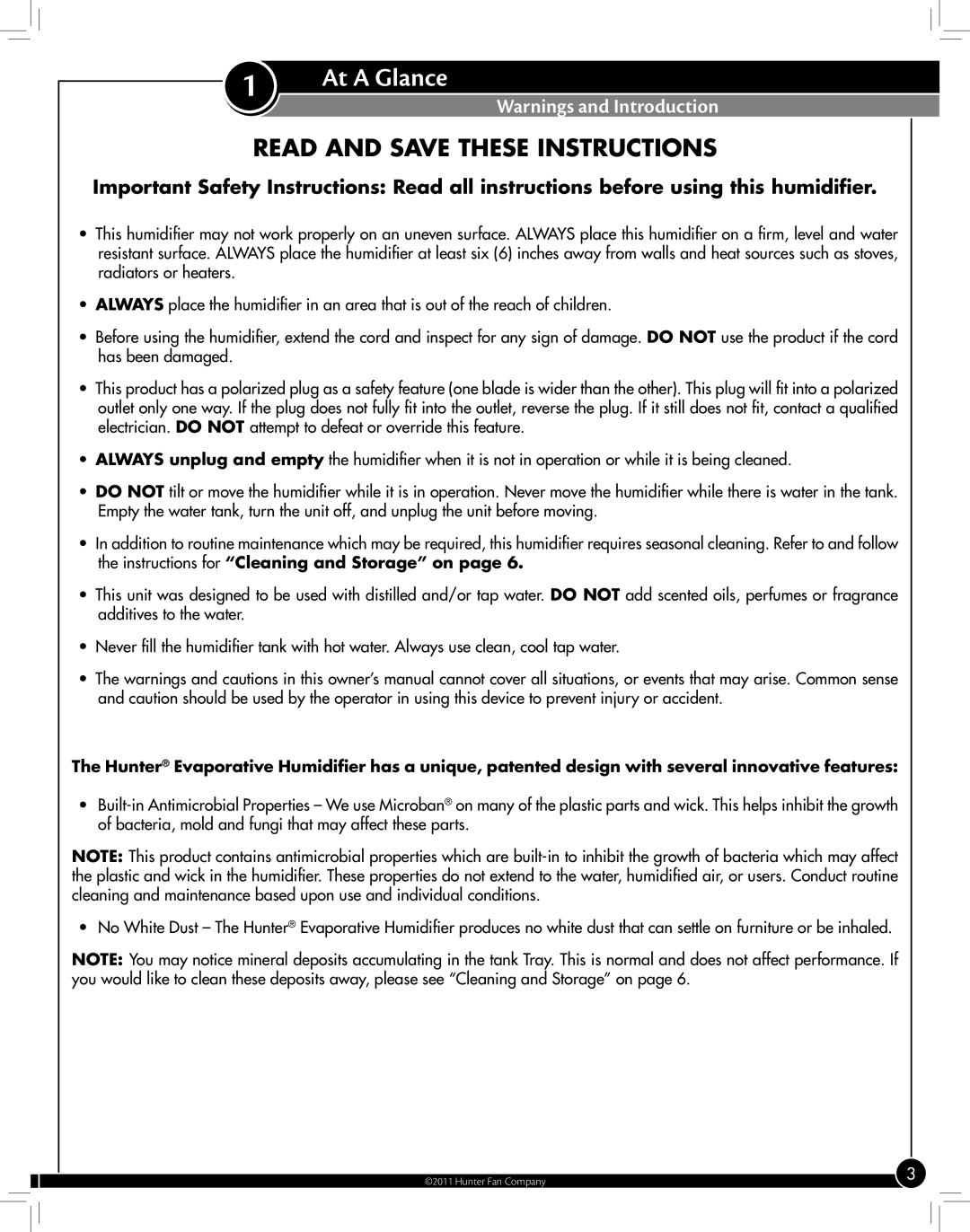 Hunter Fan 33119 manual At a Glance, Read and Save These Instructions 