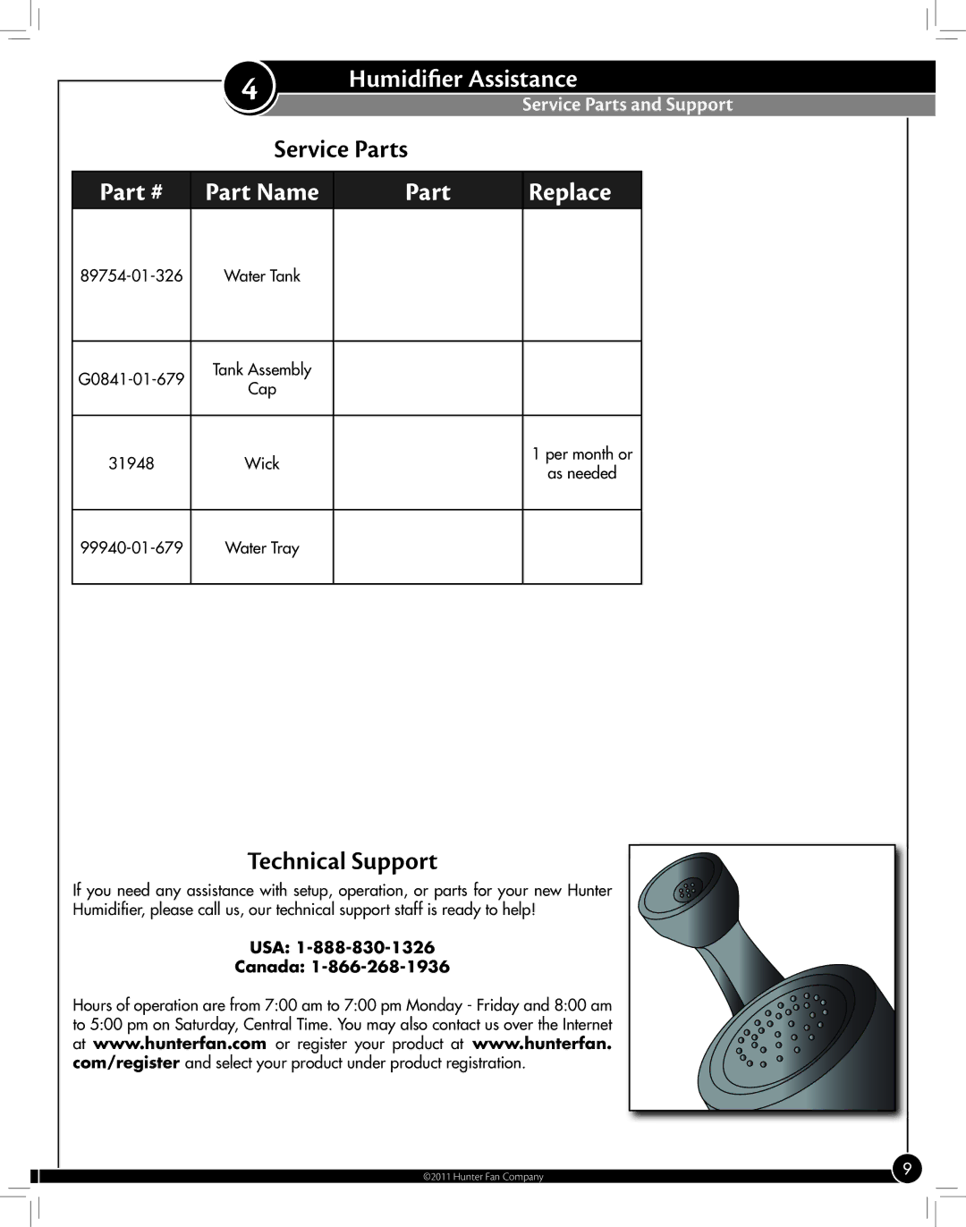 Hunter Fan 33119 manual Humidifier Assistance, Service Parts Part Name Replace, Service Parts and Support 