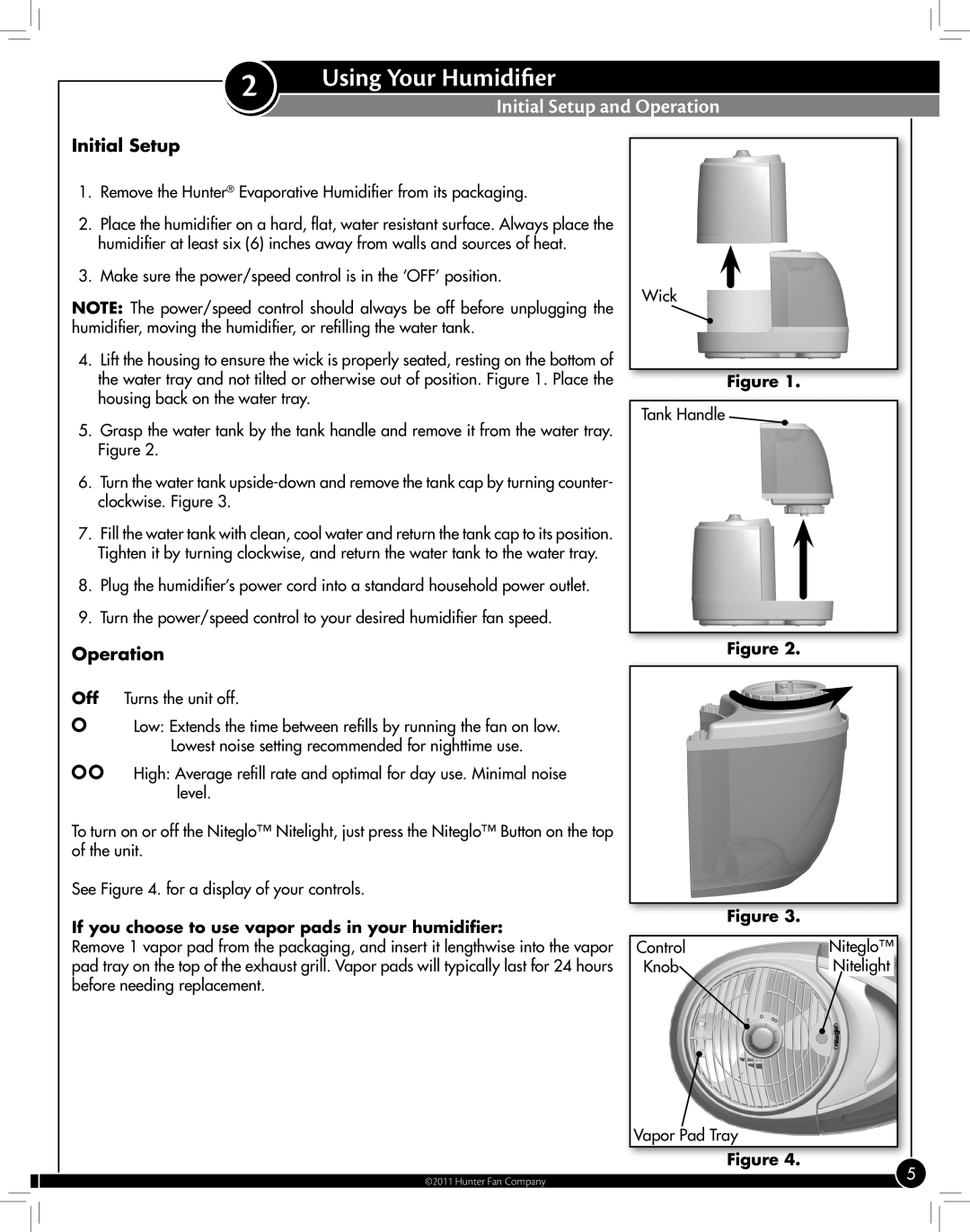 Hunter Fan 33119 manual Using Your Humidifier, Initial Setup and Operation 