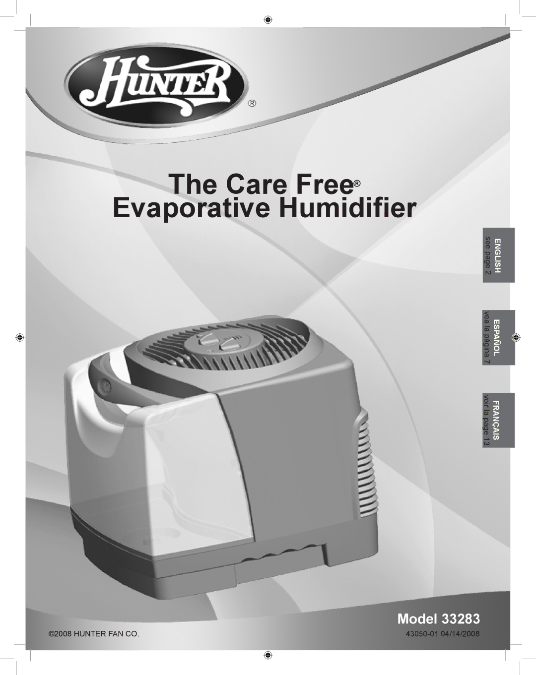 Hunter Fan 33283 manual Care Free EvaporativeEnglishHumidifier, Model, Inglés 