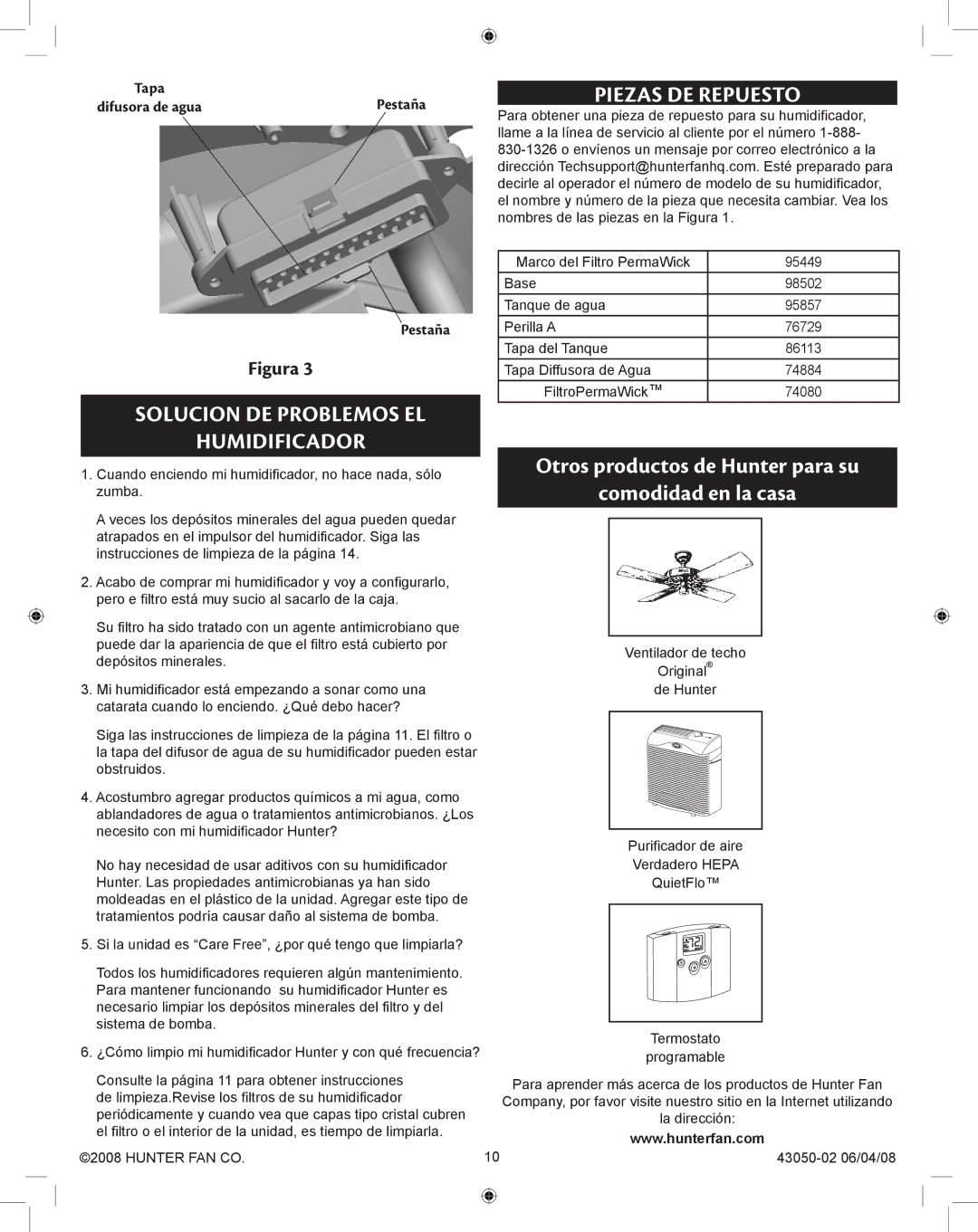 Hunter Fan 33283 manual Solucion de problemos el Humidificador, Piezas de Repuesto 