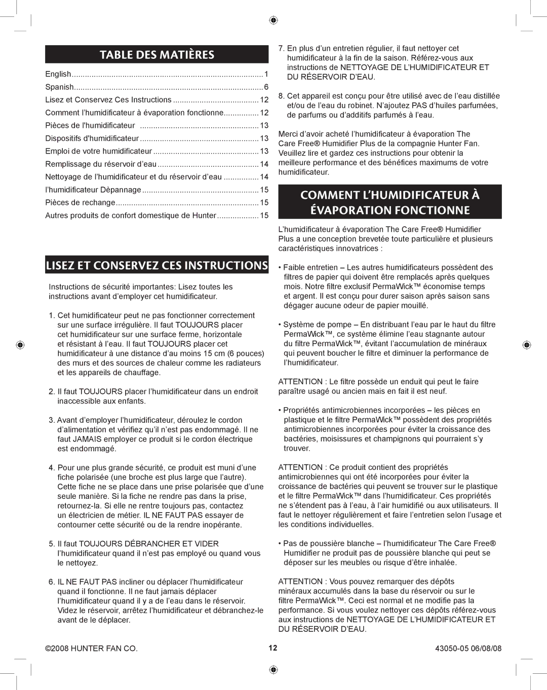 Hunter Fan 33283 manual Table des Matières, Comment l’humidificateur à évaporation fonctionne 