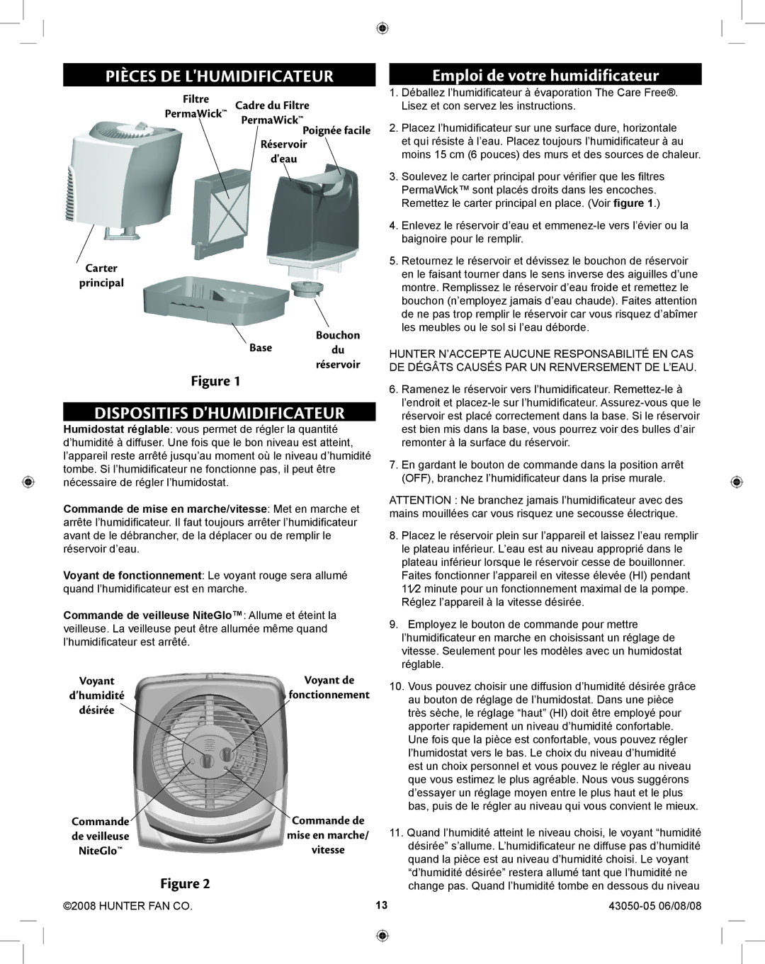 Hunter Fan 33283 manual Pièces de lhumidificateur, Dispositifs dhumidificateur, Emploi de votre humidificateur 