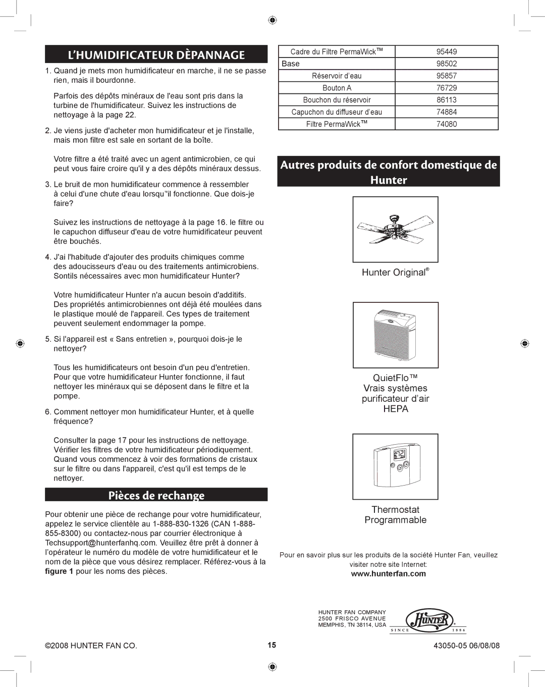 Hunter Fan 33283 manual ’humidificateur Dèpannage, Pièces de rechange, Autres produits de confort domestique de Hunter 