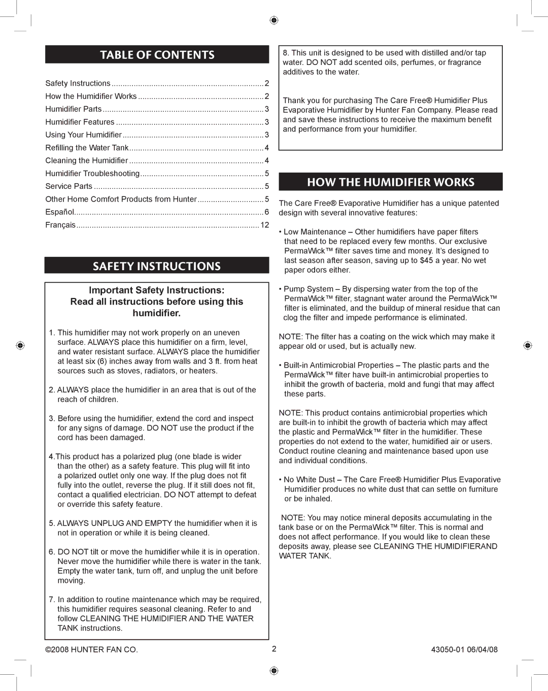 Hunter Fan 33283 manual Table of Contents, Safety Instructions, How the Humidifier Works 