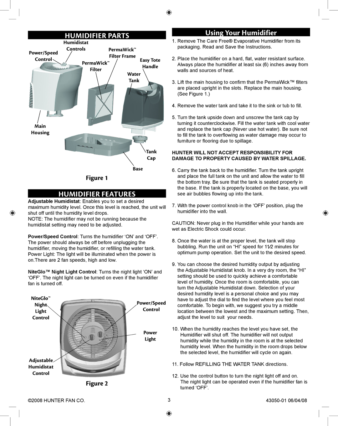 Hunter Fan 33283 manual Humidifier Parts, Humidifier Features, Using Your Humidifier 