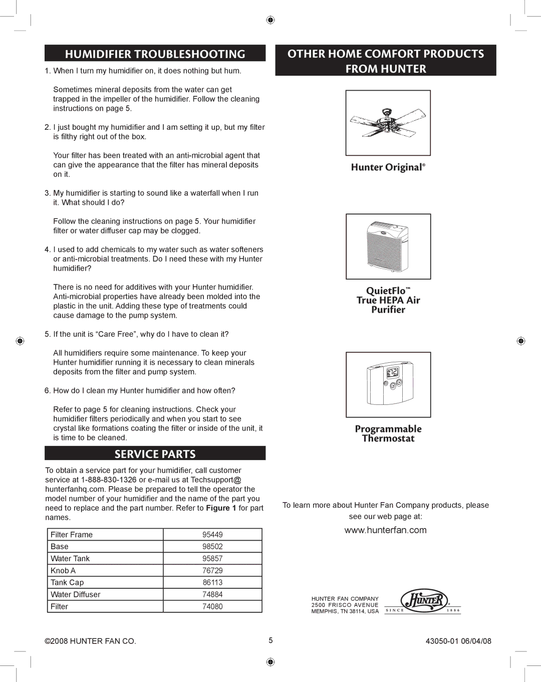 Hunter Fan 33283 manual Humidifier Troubleshooting, Service Parts, Other Home Comfort Products From Hunter 