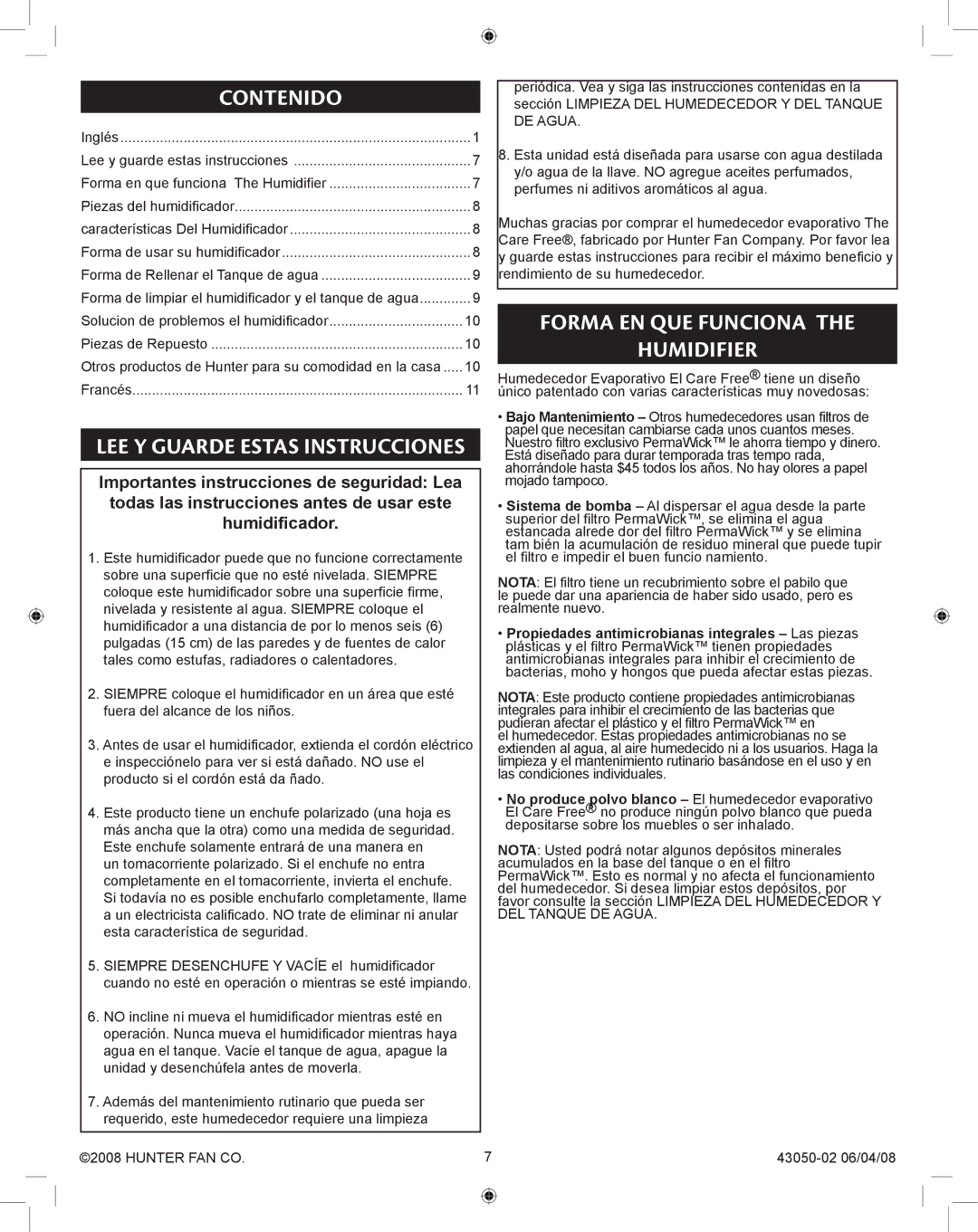 Hunter Fan 33283 manual Contenido, Lee y guarde estas instrucciones, Forma en que funciona Humidifier 