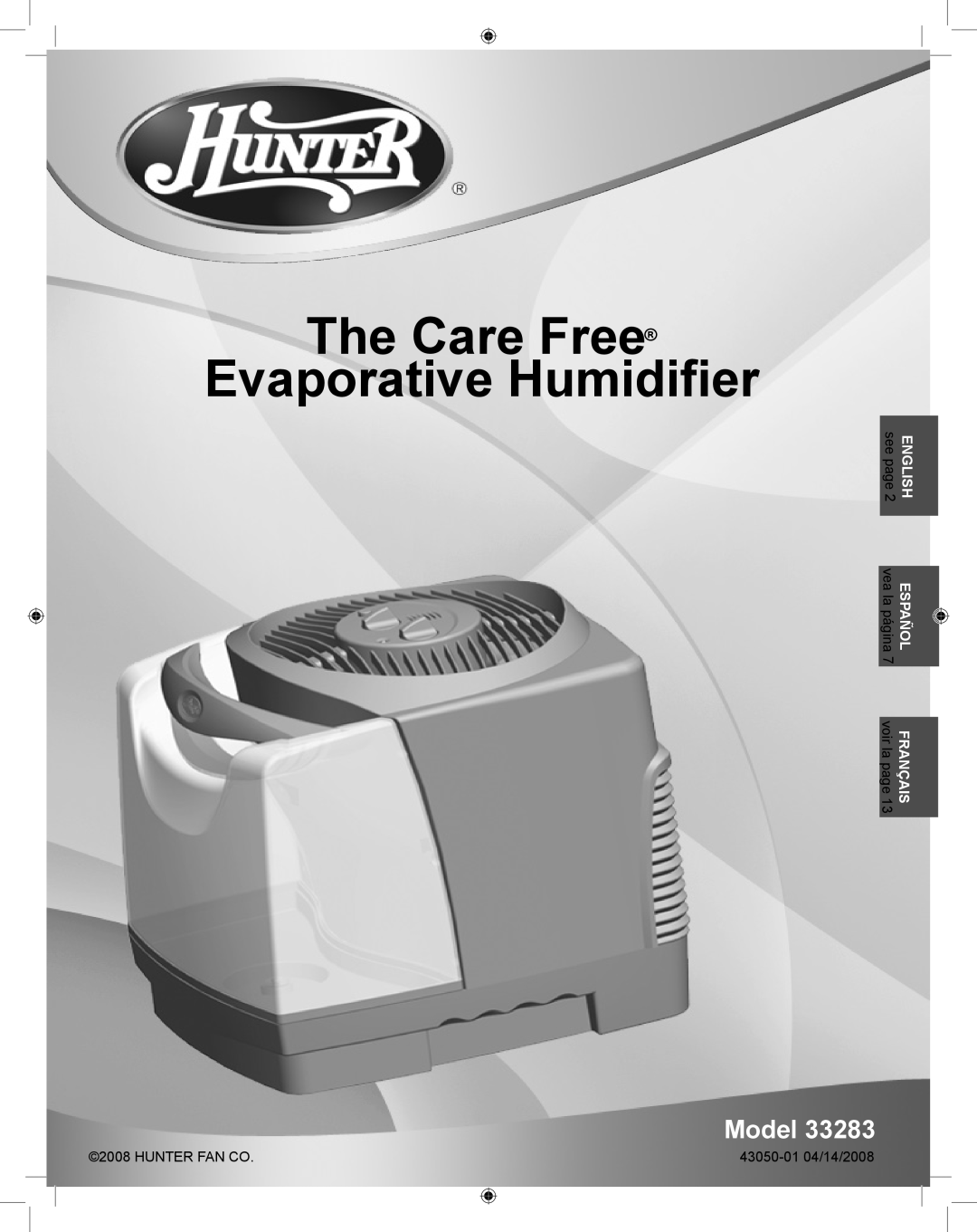 Hunter Fan 33283 manual The Care Free EvaporativeEnglishHumidifier, Model, Inglés 