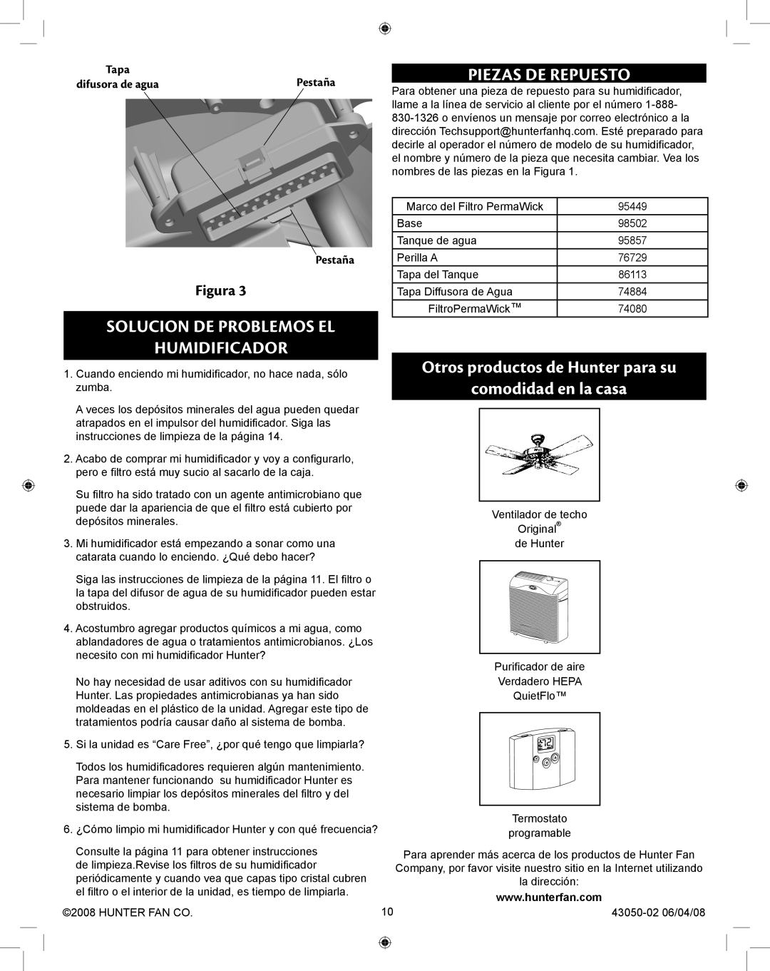 Hunter Fan 33283 manual Solucion de problemos el humidificador, Piezas de Repuesto, Pestaña, Figura 