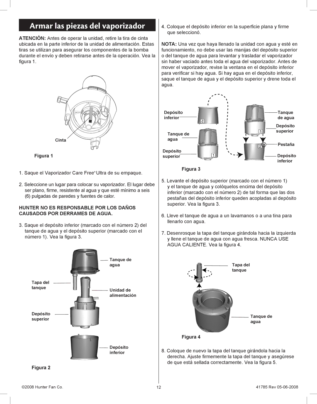 Hunter Fan 34203, 34200 manual Armar las piezas del vaporizador 