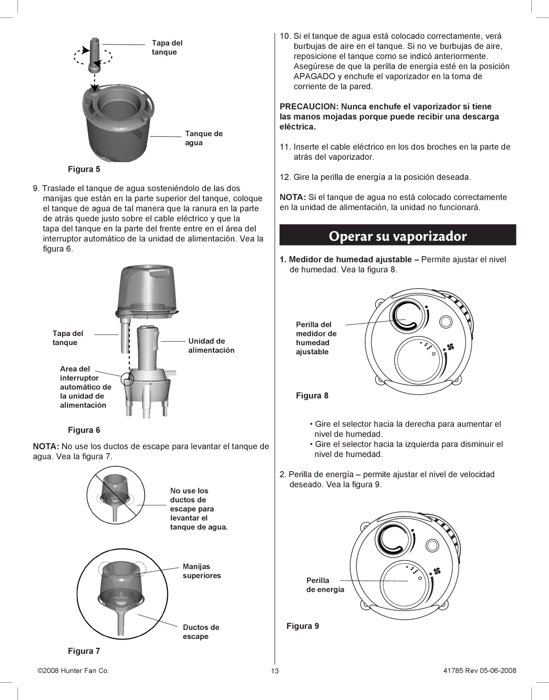 Hunter Fan 34200, 34203 manual Operar su vaporizador 