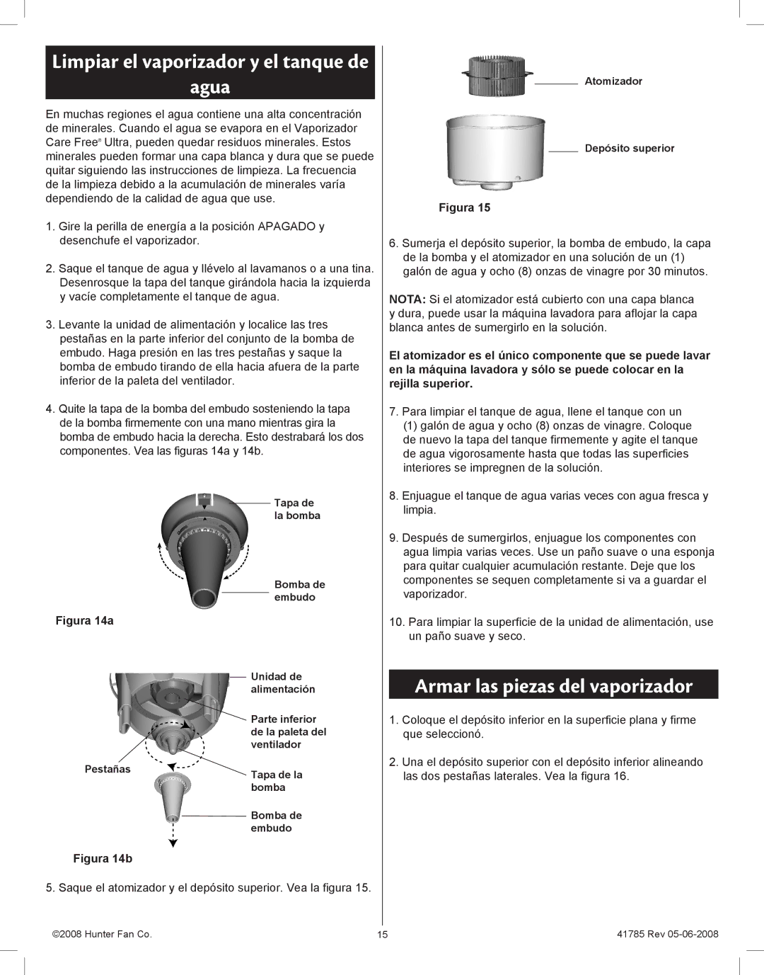 Hunter Fan 34200, 34203 manual Agua, Armar las piezas del vaporizador 