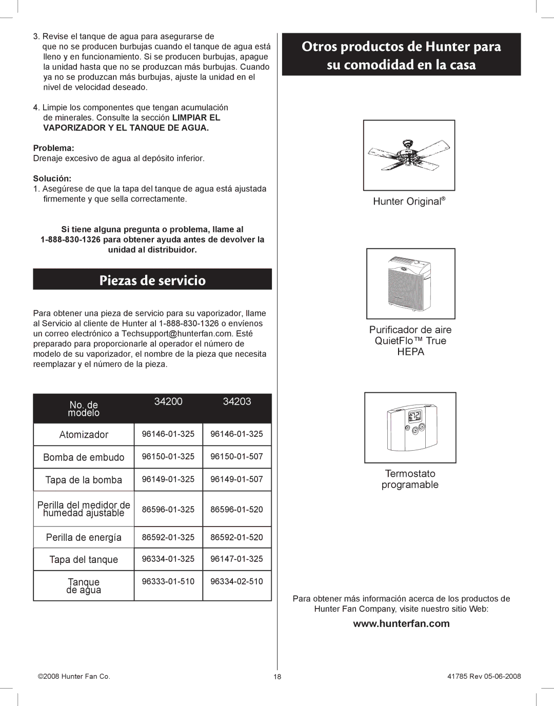 Hunter Fan 34203, 34200 manual Piezas de servicio, Otros productos de Hunter para Su comodidad en la casa 