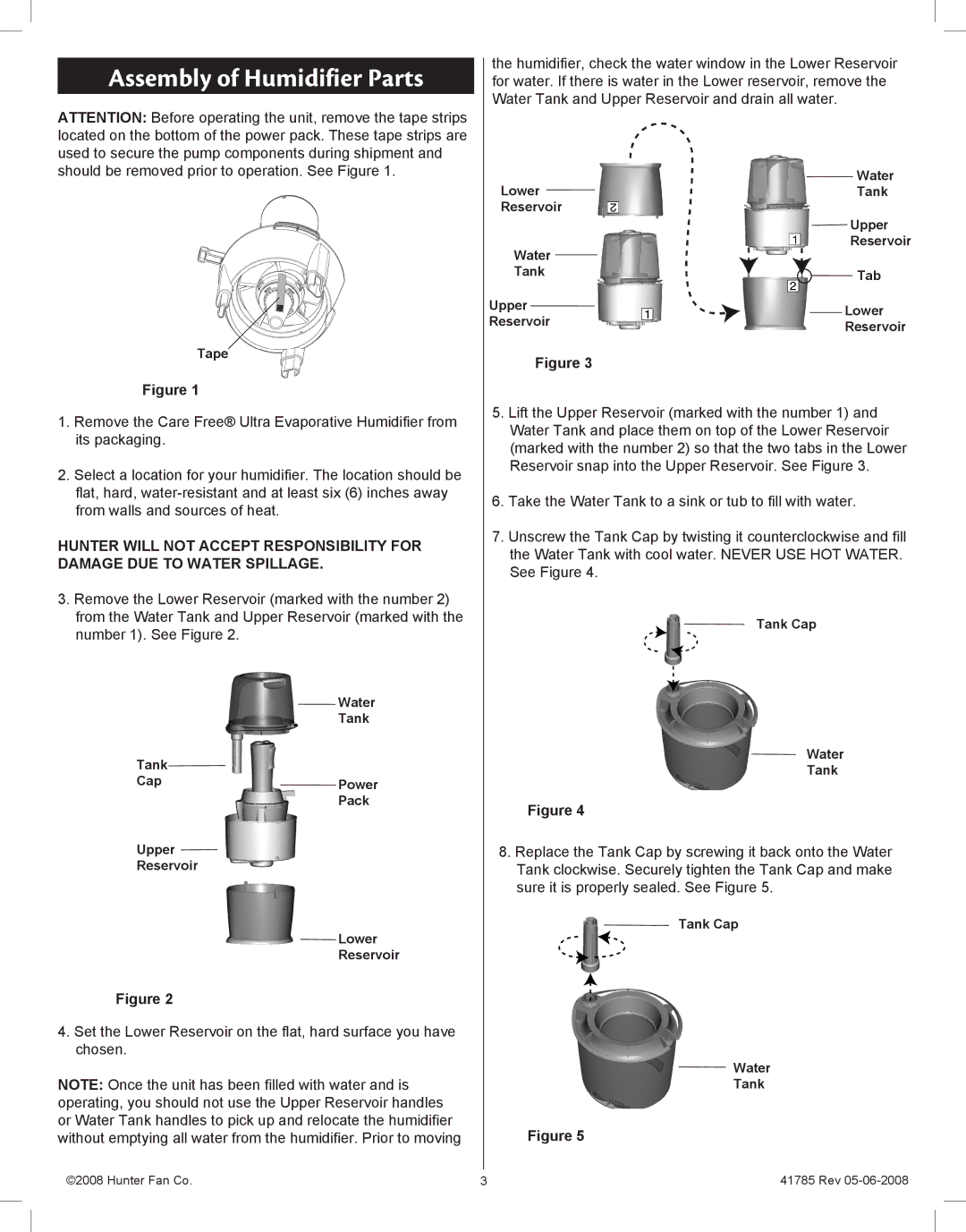 Hunter Fan 34200, 34203 manual Assembly of Humidifier Parts 