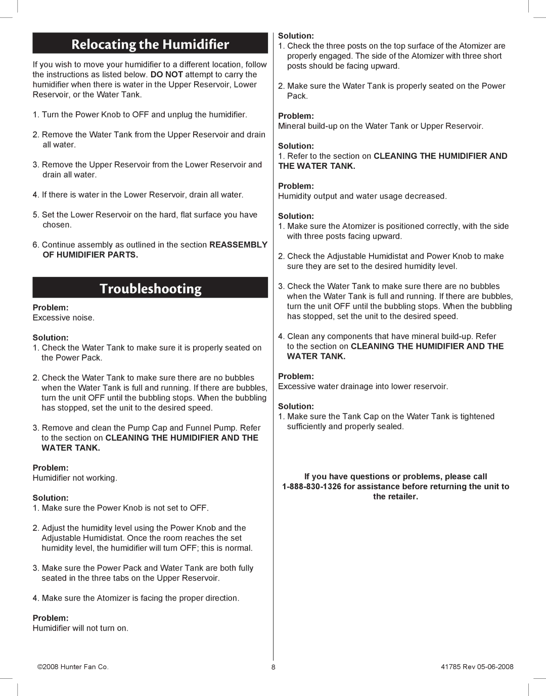 Hunter Fan 34203, 34200 manual Relocating the Humidifier, Troubleshooting, Humidifier Parts 