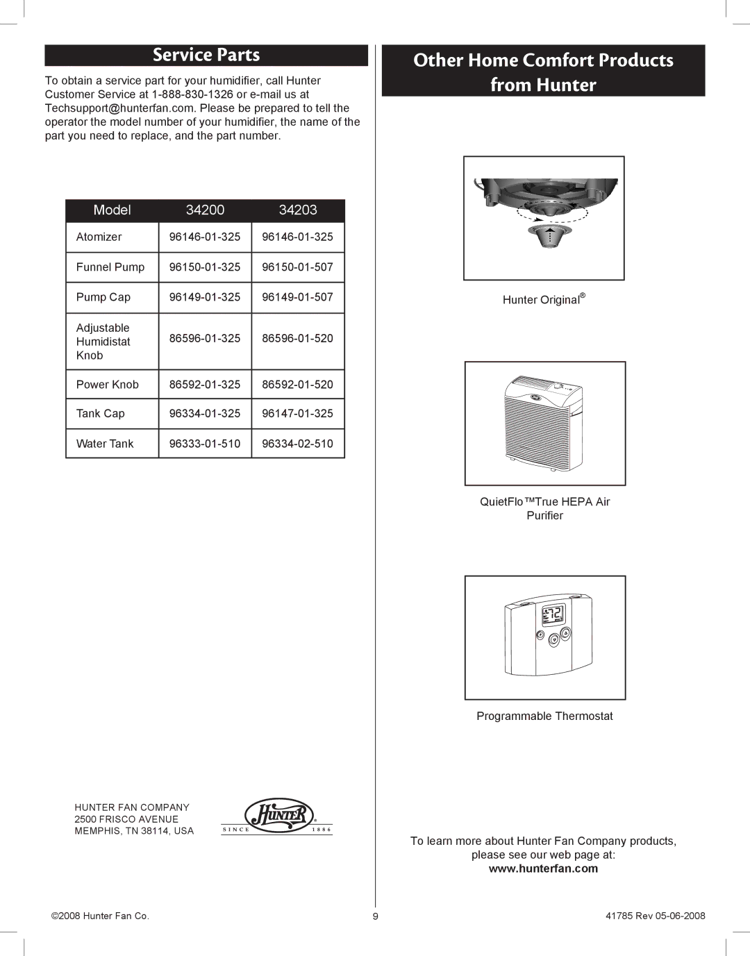 Hunter Fan 34200, 34203 manual Service Parts, Other Home Comfort Products From Hunter 