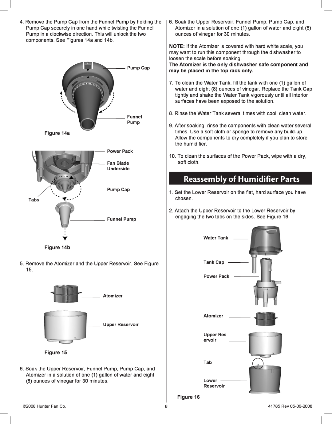 Hunter Fan 34203, 34200 manual Reassembly of Humidifier Parts 