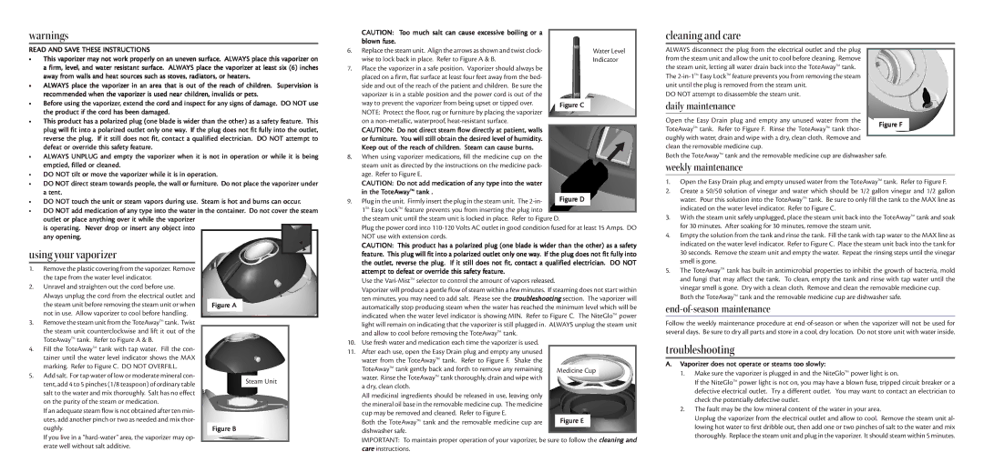 Hunter Fan 35180 warranty Using your vaporizer, Cleaning and care, Troubleshooting 