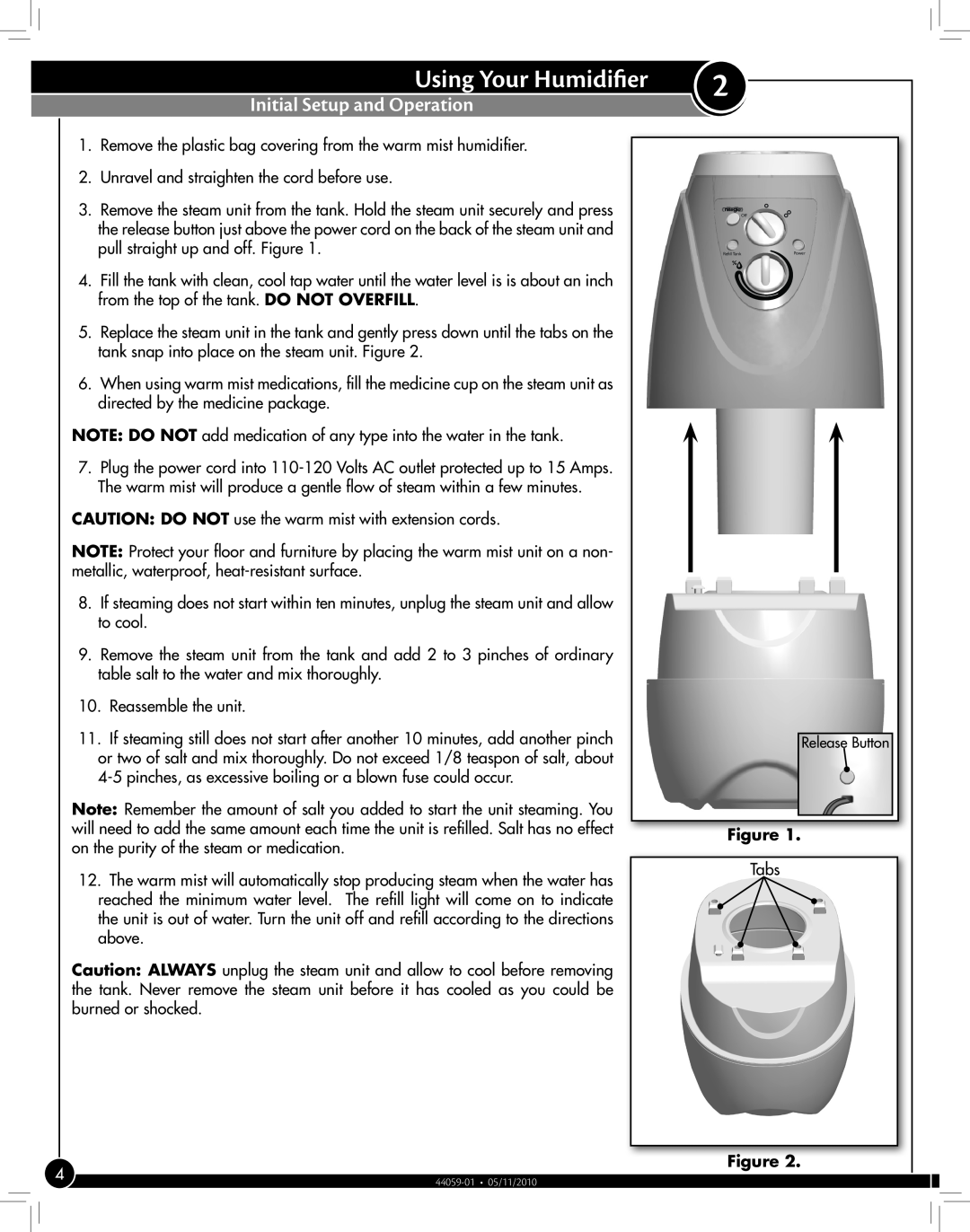 Hunter Fan 35216 manual Using Your Humidifier, Initial Setup and Operation 