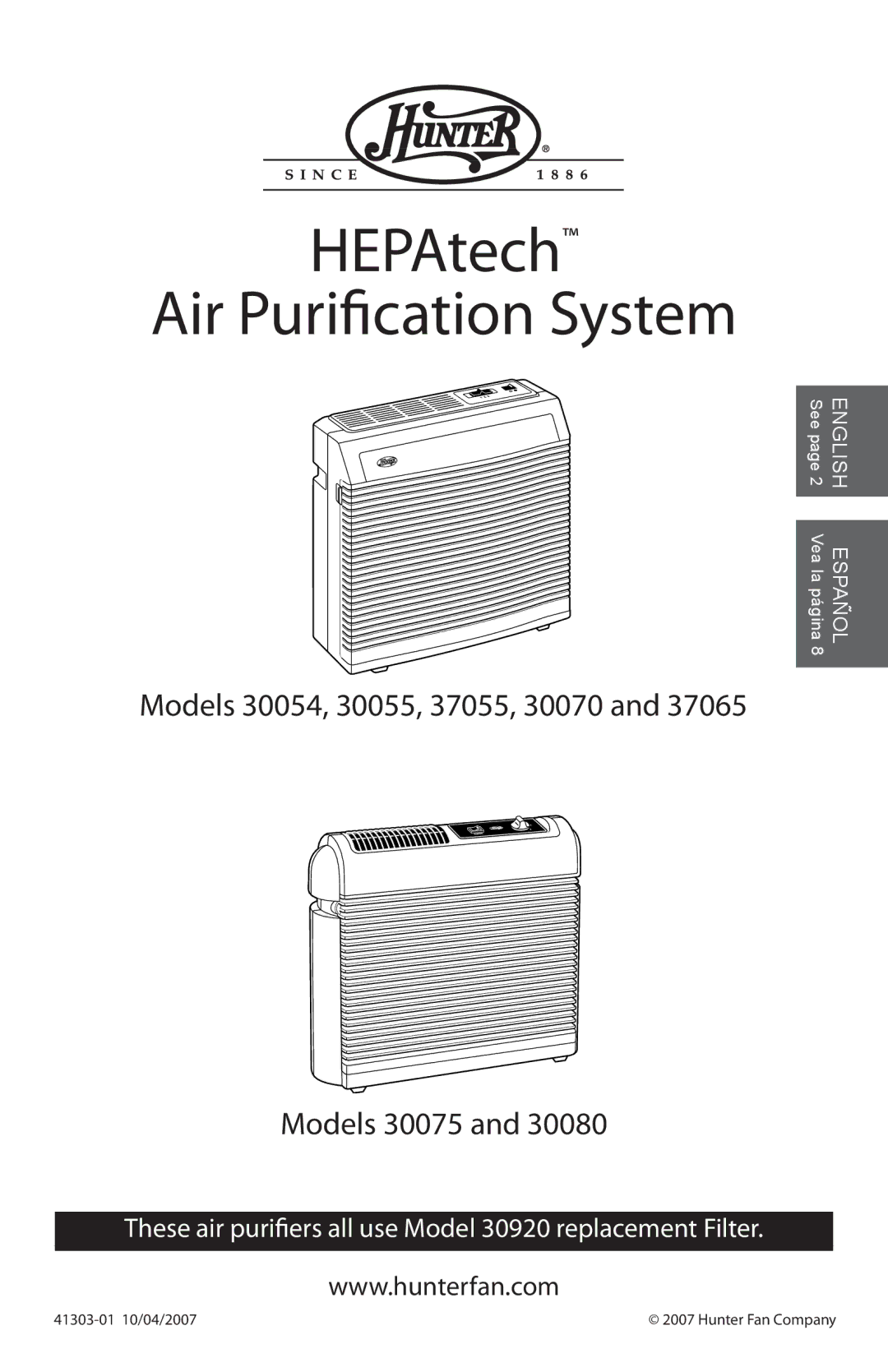 Hunter Fan 37065, 30080 manual HEPAtech Air Purification System, Models 30054, 30055, 37055, 30070 Models 30075 