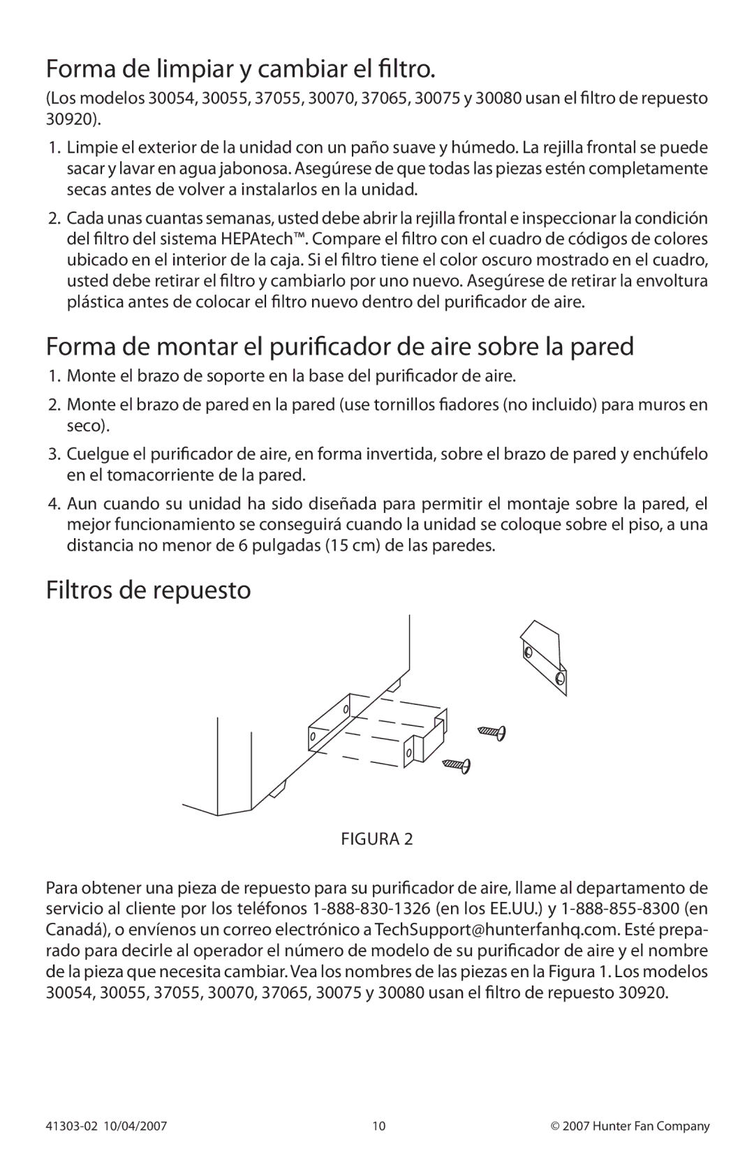 Hunter Fan 30070, 37065, 37055 Forma de limpiar y cambiar el filtro, Forma de montar el purificador de aire sobre la pared 