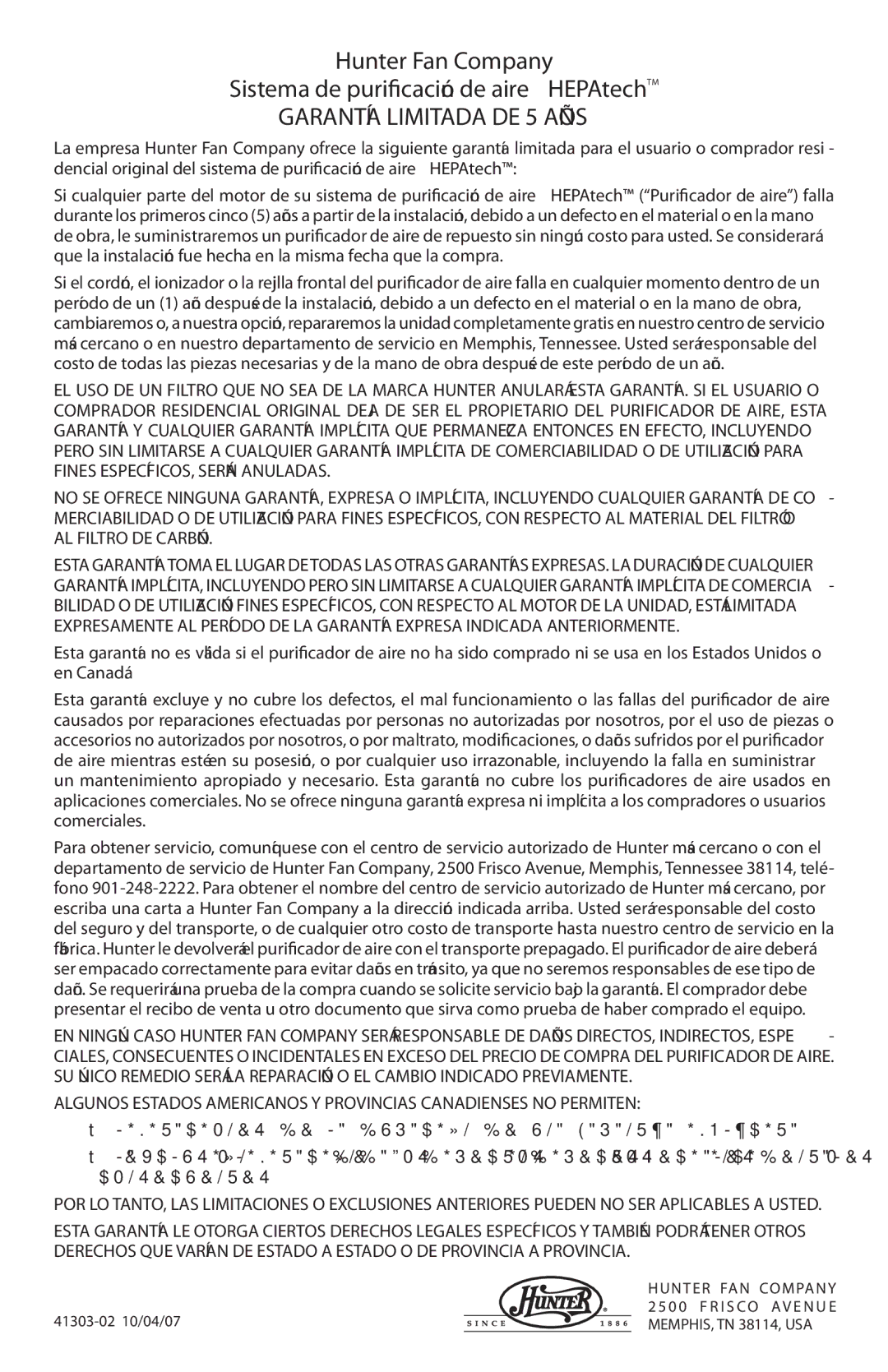 Hunter Fan 37065, 37055, 30080, 30075, 30070, 30054 manual Garantía Limitada DE 5 Años 