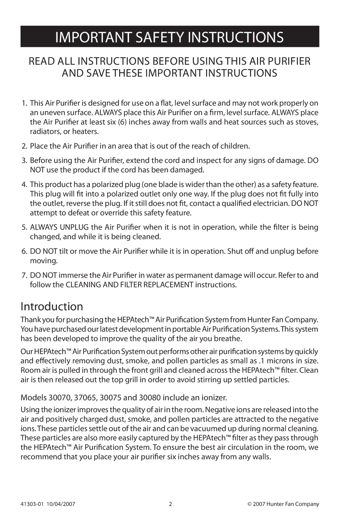 Hunter Fan 37055, 30054 manual Introduction, Models 30070, 37065, 30075 and 30080 include an ionizer 