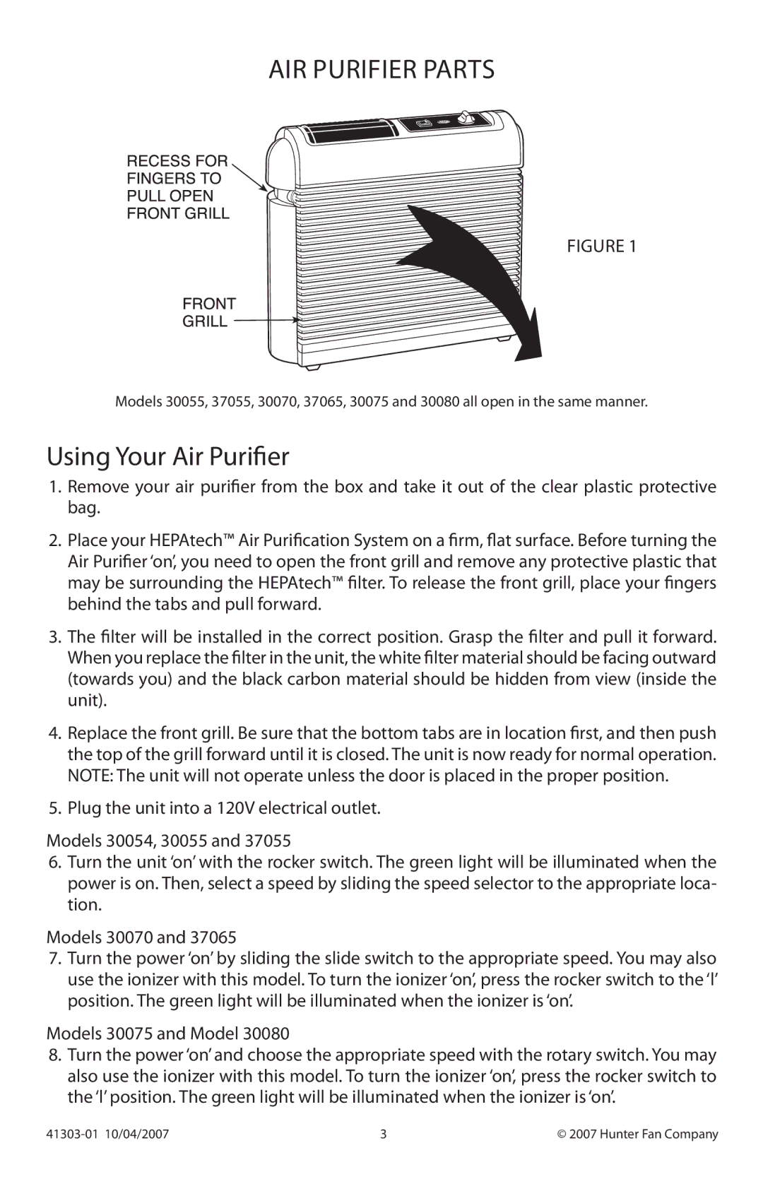 Hunter Fan 37065, 37055, 30080, 30070, 30054 manual Air Purifier Parts, Using Your Air Purifier, Models 30075 and Model 