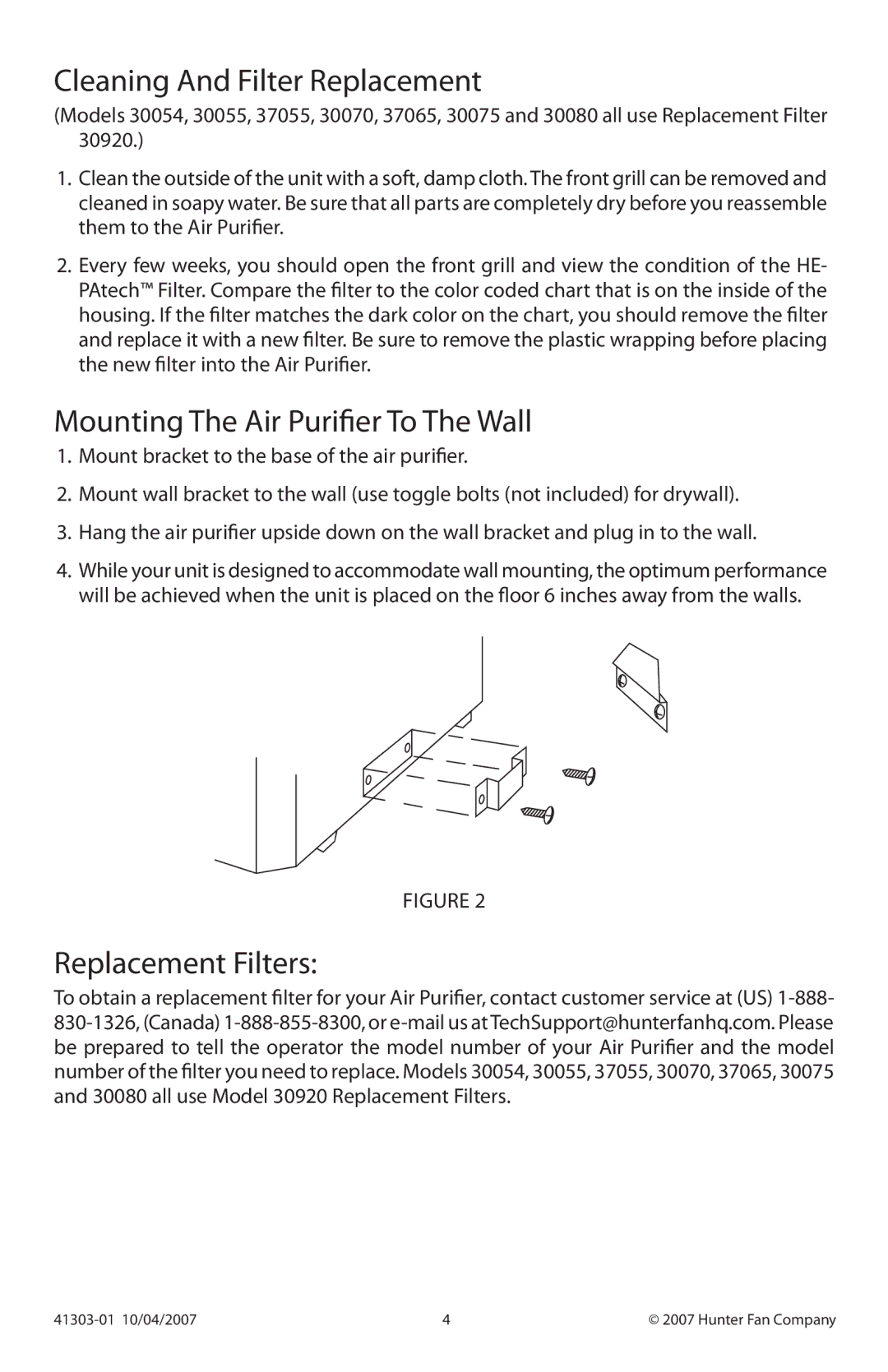 Hunter Fan 30070, 37065, 37055 Cleaning And Filter Replacement, Mounting The Air Purifier To The Wall, Replacement Filters 