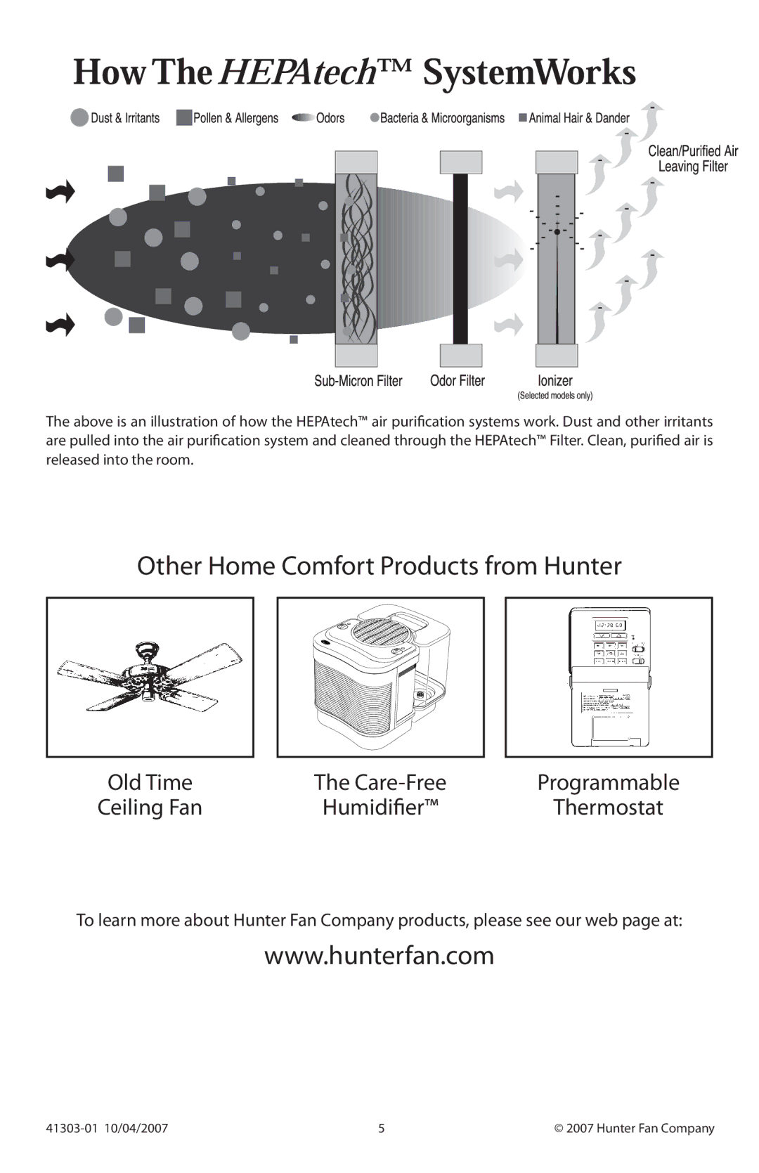 Hunter Fan 30054, 37065, 37055, 30080, 30075, 30070 manual Other Home Comfort Products from Hunter, Care-Free 