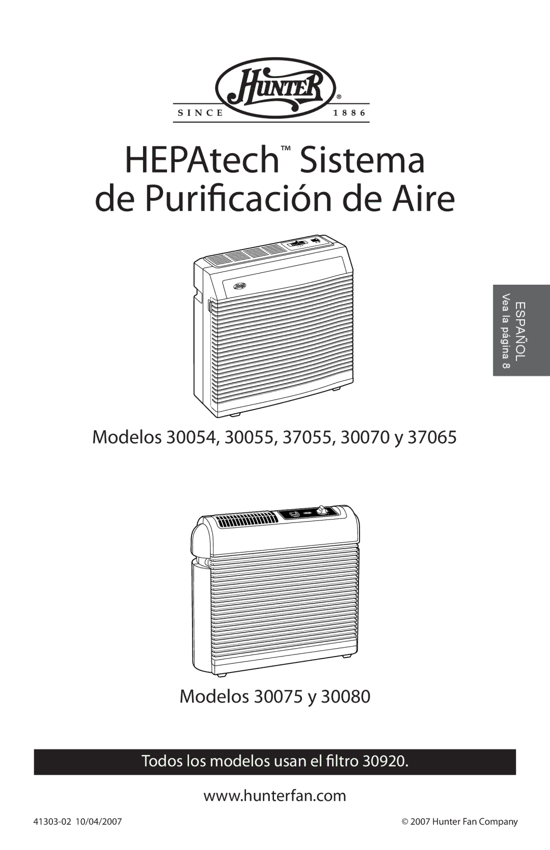 Hunter Fan 37065, 30080 HEPAtech Sistema de Purificación de Aire, Modelos 30054, 30055, 37055, 30070 y Modelos 30075 y 