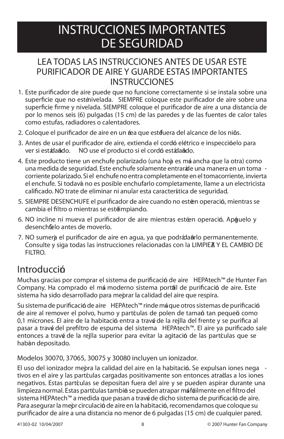 Hunter Fan 30080, 37065, 37055, 30075, 30070, 30054 manual Instrucciones Importantes DE Seguridad, Introducción 