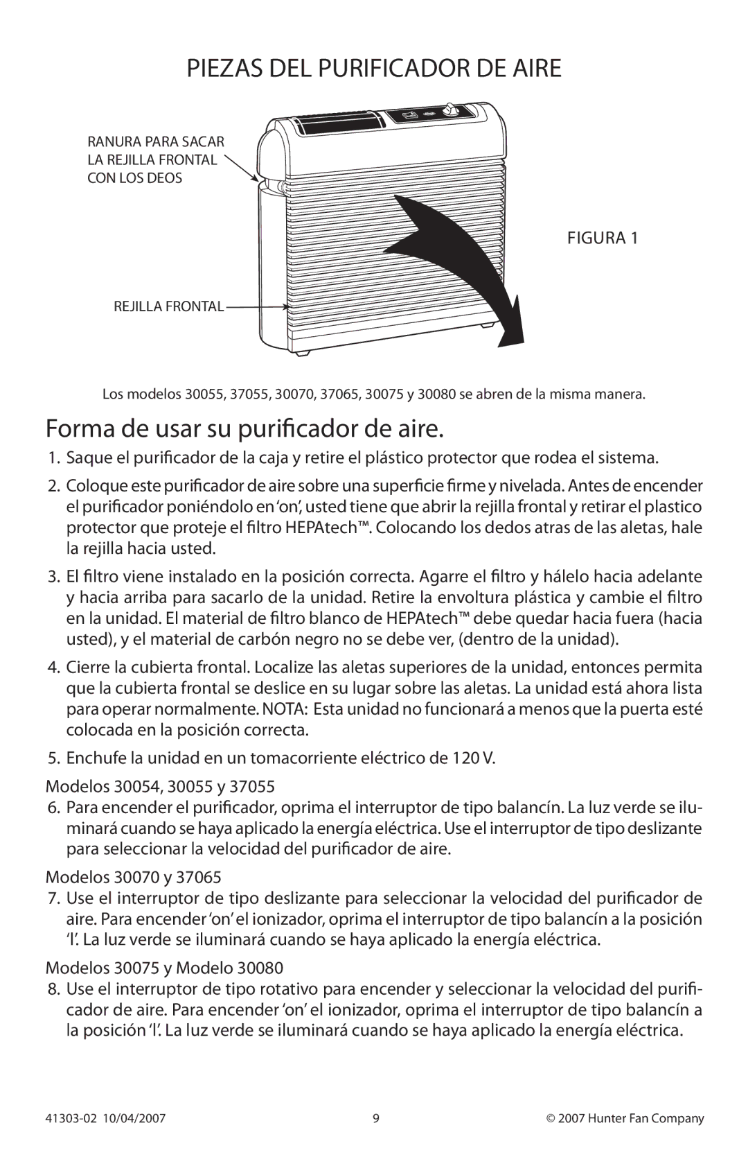 Hunter Fan 37065, 37055, 30080, 30054 manual Forma de usar su purificador de aire, Modelos 30070 y, Modelos 30075 y Modelo 