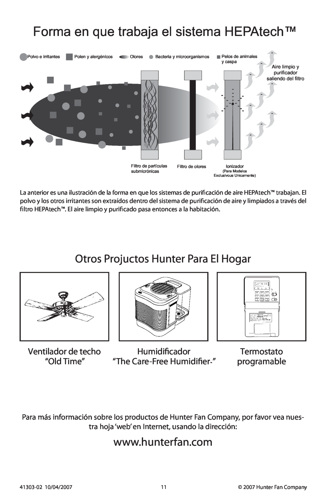 Hunter Fan 30054, 37065 manual Otros Projuctos Hunter Para El Hogar, Humidificador, Forma en que trabaja el sistema HEPAtech 