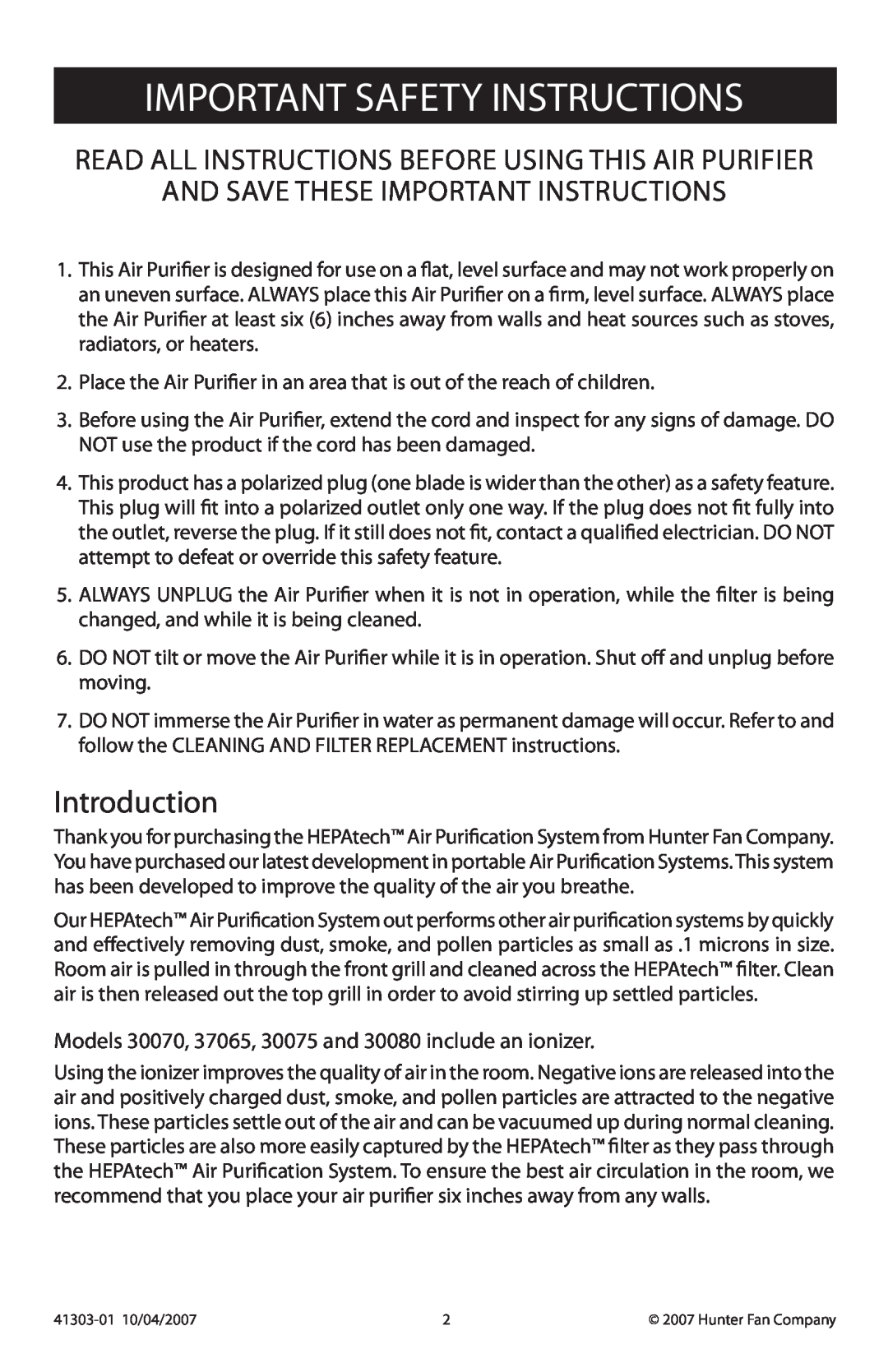 Hunter Fan 30080, 37065, 37055, 30075 Important Safety Instructions, Introduction, and Save These Important Instructions 