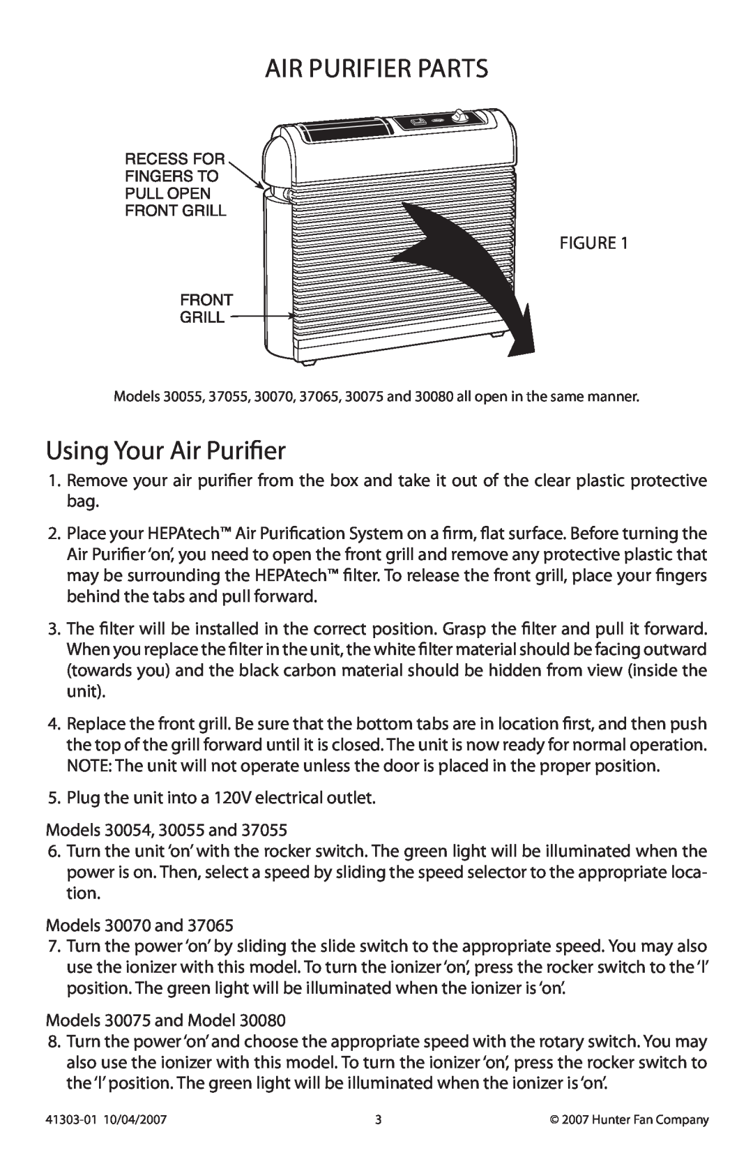 Hunter Fan 30075, 37065, 37055, 30080, 30070, 30054 manual Air Purifier Parts, Using Your Air Purifier 