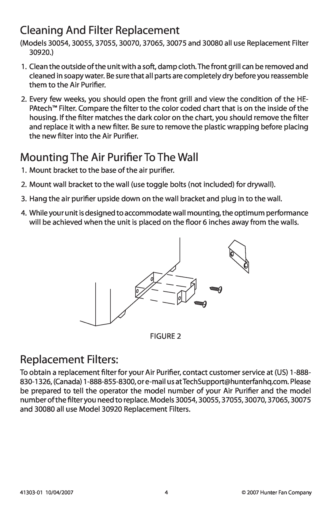 Hunter Fan 30070, 37065, 37055 Cleaning And Filter Replacement, Mounting The Air Purifier To The Wall, Replacement Filters 