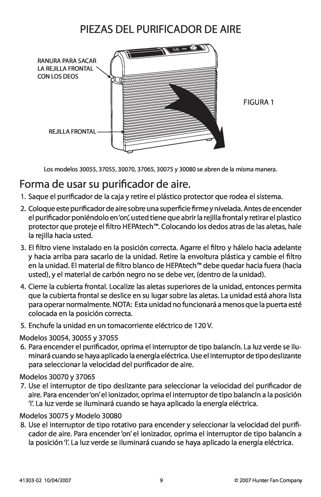 Hunter Fan 30075, 37065, 37055, 30080, 30070, 30054 manual Piezas Del Purificador De Aire, Forma de usar su purificador de aire 