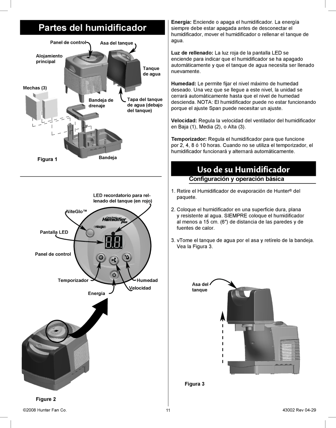 Hunter Fan 37407 manual Partes del humidificador, Uso de su Humidificador, Configuración y operación básica 