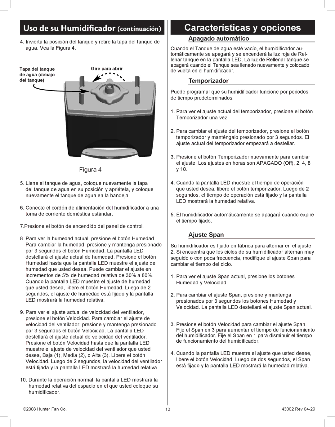 Hunter Fan 37407 manual Características y opciones, Apagado automático, Temporizador, Ajuste Span 