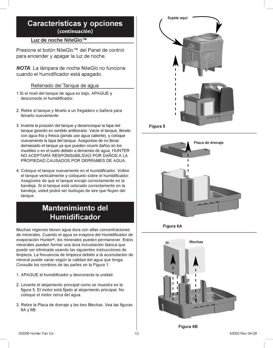 Hunter Fan 37407 manual Mantenimiento del Humidificador, Luz de noche NiteGlo 