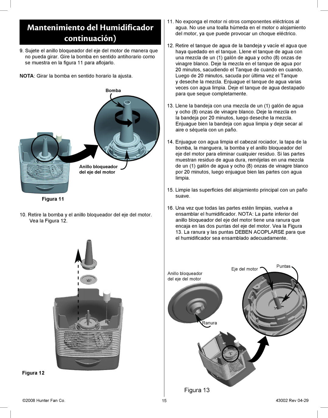 Hunter Fan 37407 manual Bomba Anillo bloqueador del eje del motor 